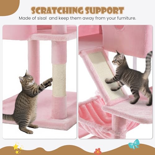 SHA CERLIN 81in Multi-Level Tall Cat Tree Tower for Indoor Kitties/Larger Cat Condo Furniture with Hammock/Cozy Pussycat Perches/Sisal Scratching Posts/Pet House/Wide Base/Pink - color: Pink