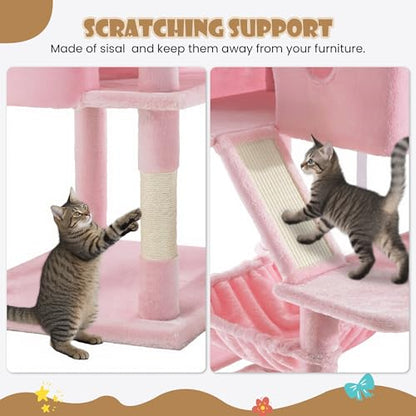 SHA CERLIN 81in Multi-Level Tall Cat Tree Tower for Indoor Kitties/Larger Cat Condo Furniture with Hammock/Cozy Pussycat Perches/Sisal Scratching Posts/Pet House/Wide Base/Pink - color: Pink