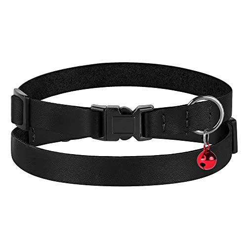 Breakaway Cat Collar with Bell - Leather Adjustable Kitten Collars with Safety Quick Release Buckle - Soft Small Pet Collars for Girl & Boy Cats - color: Black