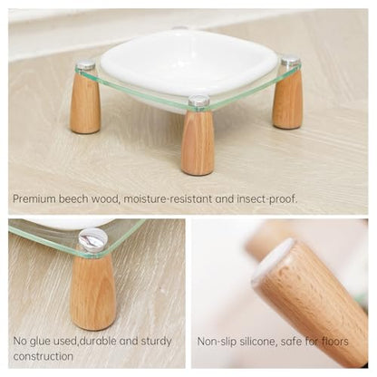 Elevated Cat Bowl and Dog Bowl, Ceramic Raised Pet Bowl with Acrylic & Wood Stand, Non-Slip, 13.5 OZ, for Cats & Small Dogs