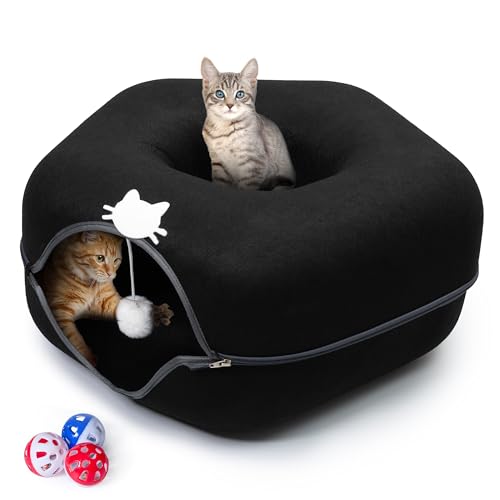 Large Cat Cave Bed for Indoor Cats, Cat Donut Tunnel Bed with Peekaboo Hideaway, Hanging Toy Ball & 3 Play Balls, Felt Cat Cave Bed for Multiple & Large Cats to 30lbs, Detachable Washable Meow Mansion - color: Black