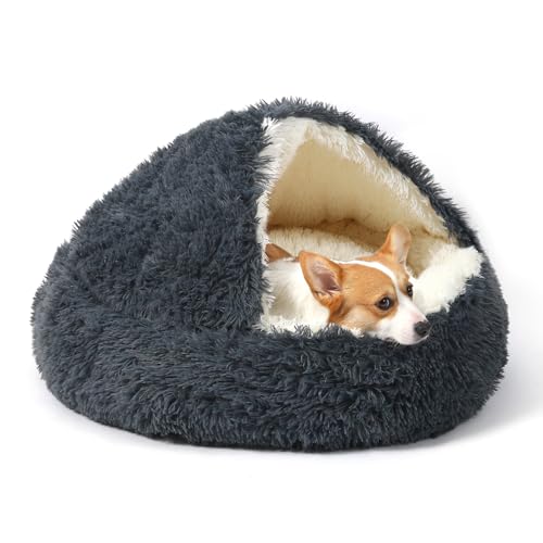 Dog Bed Round Hooded Plush Cat Cave Self Warming Pet Bed Donut Anti Anxiety Fluffy Pet Bed for Puppy and Kitty - color: Dark grey, size: Medium 23.6''