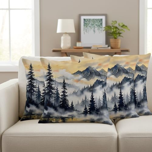 Throw Pillow Covers Set of 4 Pine Forest Decor Pillow Covers with Zipper Mist Mountains Nature Landscape Pillowcase Cushion Cover for Sofa Couch Bed Home 18x18 Inch - color: Green, Gray, Cream, size: 18" x 18" (Pack of 4)
