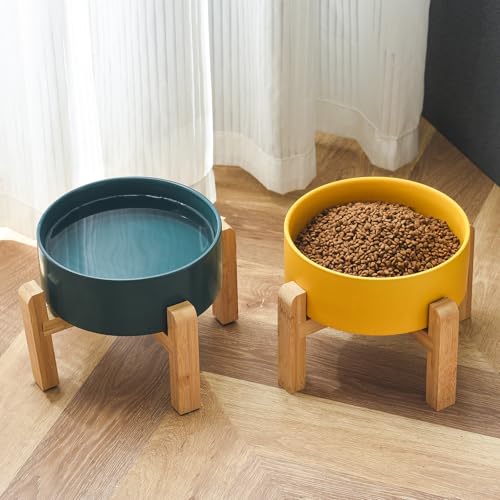 6'' Ceramic Raised Dog Bowl - 30Oz Dog Food & Water Bowl with Elevated Non-Slip Bamboo Stand, Dishwasher & Microwave Safe, Anti Vomiting Heavy Duty Pet Bowl for Small and Medium Dogs, Yellow - color: 1 x Bowl + Stand - Yellow, size: 6 inch