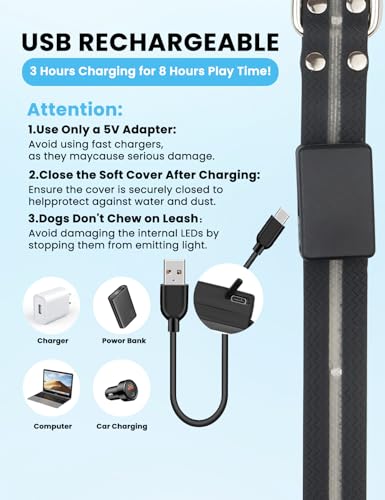 Waterproof LED Dog Leash + Collar,11Flashing Modes, Glow Collar for Dogs Set, Super Bright Reflective Leash for Small, Medium & Large Dogs USB-C Rechargeable, Light Up Dog Leash - 5FT