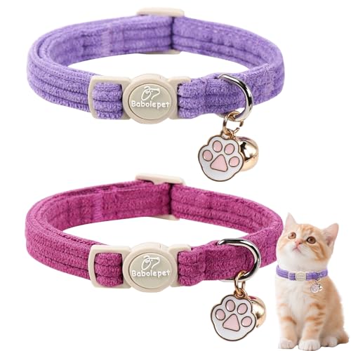2 Pack Corduroy Cat Collars - Cute Breakaway Cat Collar with Bell and Paw Pendant, Soft Adjustable Fall Winter Kitten Collars for Girl Boy Cats, Lavender&Fuchsia - color: Lavender&Fuchsia