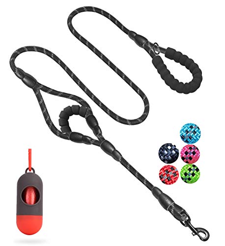 JSXD Heavy Duty Double Handle Dog Leash - 5 FT, Padded & Reflective, Rope for Small to Large Dogs (Black) - color: Rope-Black