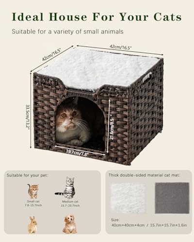 SETVSON Cat Beds Indoor Kitten House, Handwoven Rattan Cat Cave Pet Cube, Large Cat Houses, One Bed Mat, Foldable, Hideaway, 16.5x16.5x13.2 Inches, 2 S-Shaped Hooks in Living Room Bedroom Brown - color: Brown, size: Rectangle-M