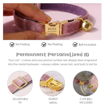 Personalized Velvet Cat Collar with Bell, Custom Engraved Name and Phone Number, Adjustable Luxury Kitten Collar, Non-Breakaway Secure ID Collar for Cats and Kittens - color: Green, size: S
