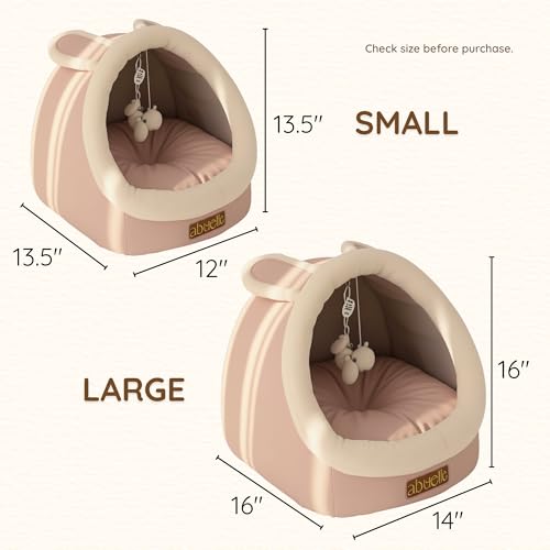 Cat Bed Cave with Hanging Plush – Covered Pet House Tent, Cat Caves for Indoor Cats and Kittens, Soft, Foldable & Cozy Hideaway Hut - Dome Shaped Igloo Bed with Washable Cushion (Medium) - size: Medium