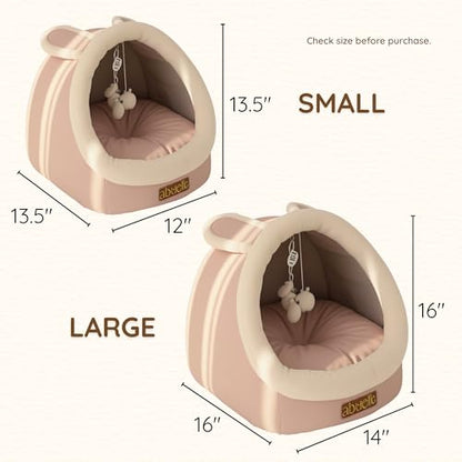 Cat Bed Cave with Hanging Plush – Covered Pet House Tent, Cat Caves for Indoor Cats and Kittens, Soft, Foldable & Cozy Hideaway Hut - Dome Shaped Igloo Bed with Washable Cushion (Medium) - size: Medium