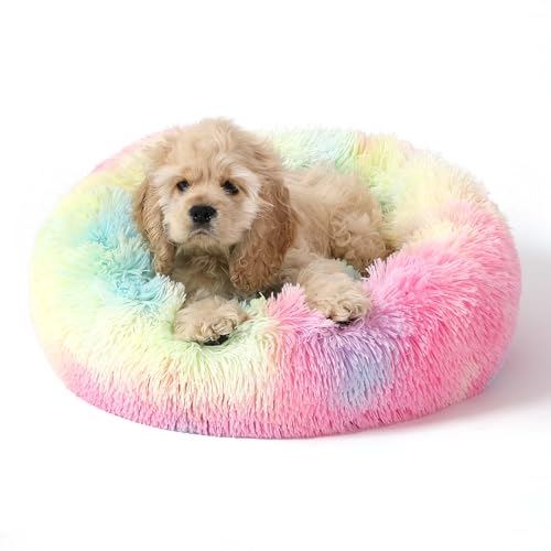 Calming Donut Dog Bed for Small to Medium Dogs & Cats - Plush Faux Fur Anti-Anxiety Pet Bed with Machine Washable Cover & Non-Slip Base - color: Rainbow, size: X-Small 15.7''