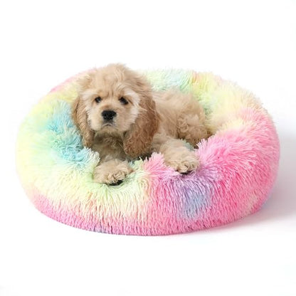 Calming Donut Dog Bed for Small to Medium Dogs & Cats - Plush Faux Fur Anti-Anxiety Pet Bed with Machine Washable Cover & Non-Slip Base - color: Rainbow, size: X-Small 15.7''