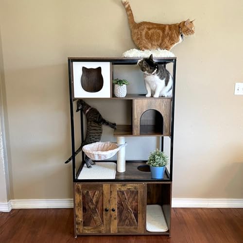 Cat Litter Box Furniture Enclosure 4 Levels Cat Tree Hidden Cabinet with Storage and Scratch,4 Tiers