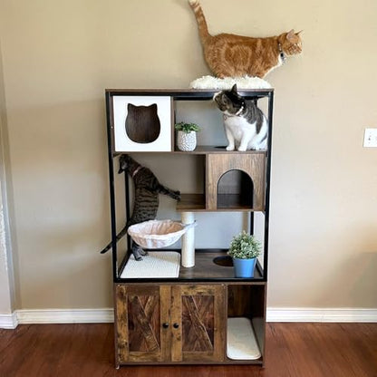 Cat Litter Box Furniture Enclosure 4 Levels Cat Tree Hidden Cabinet with Storage and Scratch,4 Tiers