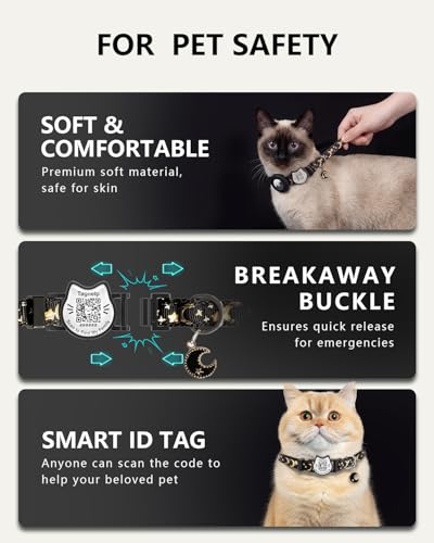 Smart QR Code Cat Collar with Online ID Profile - Breakaway Safety Collar with Bell, Glow in The Dark & Cute Moons Stars Pendant, Adjustable Kitten Collar for Girl Cats 7.0-12.5 Inch(Black) - color: Black, size: Collar Only