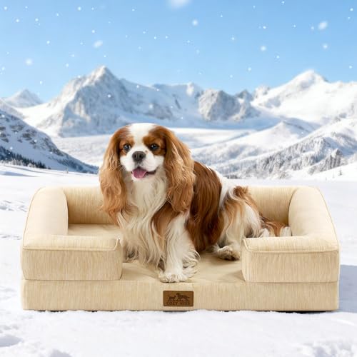 COZY KISS Cooling Dog Bed for Medium Small Size Dogs, Q-Max >0.4 Summer Cool Pet Bed, Orthopedic Foam Dog Sofa with Sides, Bolster Anti-Slip Couch with Washable Removable Cover, M 30x20x6 inch, Beige - color: Beige, size: 30x20x6 Inch