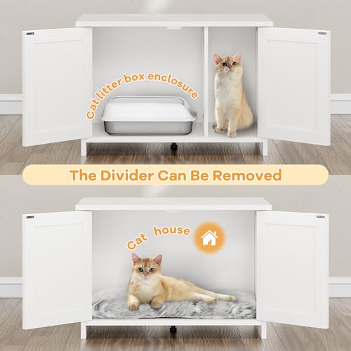 Shintenchi Cat Litter Box Enclosure, Litter Box Furniture Hidden with Removable Divider, Cat House with End Table, White, 31.5 inch - color: White