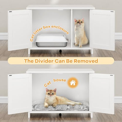Shintenchi Cat Litter Box Enclosure, Litter Box Furniture Hidden with Removable Divider, Cat House with End Table, White, 31.5 inch - color: White