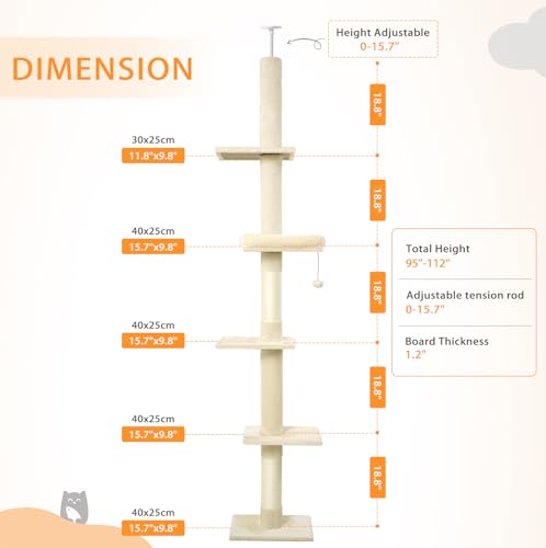 5-Tier Floor-to-Ceiling Adjustable Cat Tower, 98-110 Inch Tall Cat Tree with Cozy Rest Bed, Multi Platforms & Natural Sisal Scratching Posts, Indoor Cat Activity Play Structure, Beige - color: Beige