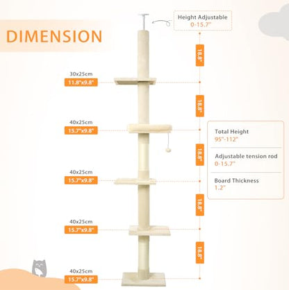 5-Tier Floor-to-Ceiling Adjustable Cat Tower, 98-110 Inch Tall Cat Tree with Cozy Rest Bed, Multi Platforms & Natural Sisal Scratching Posts, Indoor Cat Activity Play Structure, Beige - color: Beige