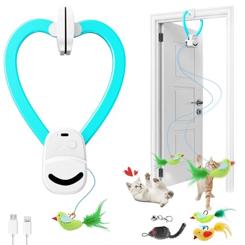 CATPICK Interactive Cat Toys for Indoor Cats - Automatic Flying Bird & Mouse Doorway Hanging Toy, USB Rechargeable Electric Kitten Toy for Hunting Instinct, Enrichment & Exercise, 2 Birds & 1 Mouse - color: Blue