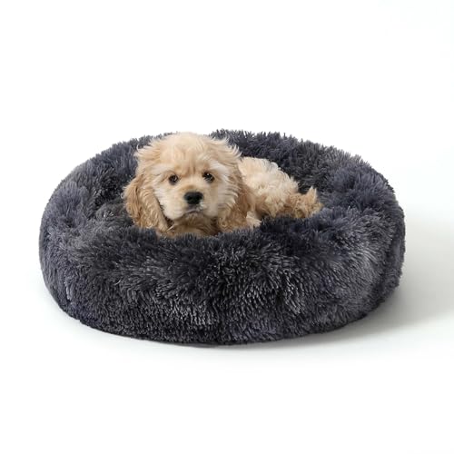 Calming Donut Dog Bed for Small to Medium Dogs & Cats - Plush Faux Fur Anti-Anxiety Pet Bed with Machine Washable Cover & Non-Slip Base - color: Bandhnu Dark Grey, size: X-Small 15.7''