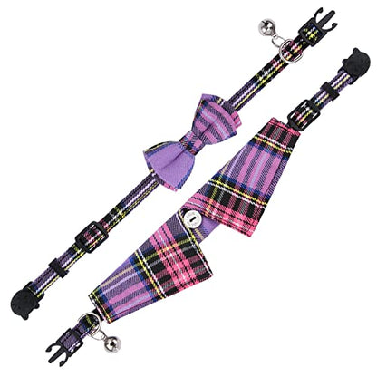 Faleela 2 Pack/Set Cat Collar with Cute Bow Tie and Bell,Breakaway Plaid Shirt Collar for Kitty Adjustable Safety - color: 2023new-Purple