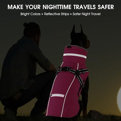 Dog Coat Large, Built-in Harness Dog Jacket with Warm Fleece Lining, Waterproof Reflective Dogs Winter Coat, Pet Coats with Pocket and Trash Bags (Pink, XX-Large) - color: Pink, size: XX-Large