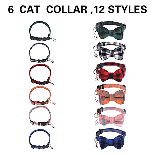 DragonflyDreams 6 PCS Cat Collars with Bow Tie and Bell,Cat Collars Plaid,Breakaway Adjustable Cat Bow Tie Collars,Cute Bow Tie Suitable for Kittens Or Certain Puppies - color: Red, Green, Blue, Pink, Black, White, Orange