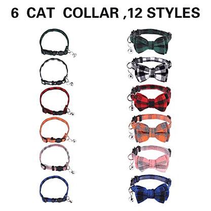 DragonflyDreams 6 PCS Cat Collars with Bow Tie and Bell,Cat Collars Plaid,Breakaway Adjustable Cat Bow Tie Collars,Cute Bow Tie Suitable for Kittens Or Certain Puppies - color: Red, Green, Blue, Pink, Black, White, Orange