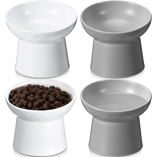 Tanlade 4 Pcs Ceramic Raised Cat Bowls, Elevated Tilted Cat Bowl for Food Water, Stress Free, Backflow Prevention, Dishwasher Microwave Safe, Feeder Dish for Indoor Kitten, Small Dogs(White and Grey) - color: White and Grey