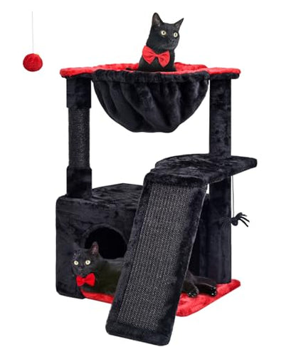SYANDLVY Gothic Cat Tree for Indoor Cats Large Adult, Modern Activity Tower with Scratching Posts & Board, Condo with Plush Perch, Cradle & Hanging Ball & Spider for Play, Black - color: Black