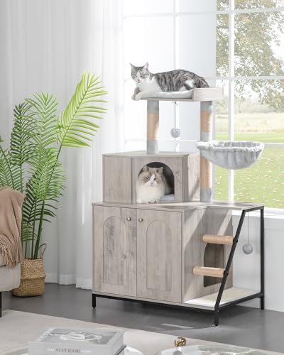 Hzuaneri Cat Litter Box Enclosure with Cat Tree, 4-in-1 Modern Cats House with Large Platform, Cats Condo with Sisal Scratching Mat, Posts, Stairs and Pompom, Washable Cushions, Greige CB81005B - color: Greige