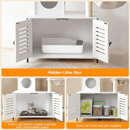 HOOBRO Cat Tree with Scratching Posts, Cat Tower Litter Box Enclosure Furniture for Indoor Cats, All-in-One Wooden Cat House Condo with Cat Hammock, Detachable Teaser Sticks, White BW14MZ03 - color: White