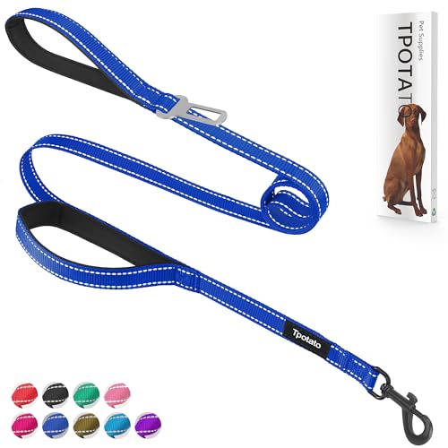 6 Foot Blue Dog Leashes for Large Medium and Small Breed Dogs That Pull,Reflective Nylon Heavy Duty Dog Leash with 2 Comfortable Padded Traffic Handles and Car Seat Belt for Walking and Training - color: Navy blue