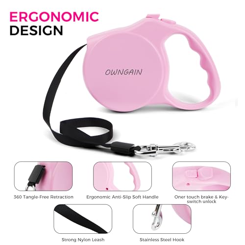 Pink Retractable Dog Leash,Strong Nylon Tape-One-Handed One Button Lock for Puppy, Cat, Pet Walking and Training,16ft Dog Walking Leash with 360°Tangle-Free Design,Anti-Slip Handle (Pink -Small) - color: Pink -Small