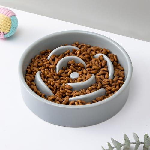 6'' Ceramic Slow Feeder Dog Bowls - Petal Shape Modern Dog Food Dish for Cats and Small Breed Dogs, Puzzle Maze Bowl to Slow Down Eating, Anti-Gulping, Dishwasher & Microwave Safe, Grey - color: Grey, size: 6 inch