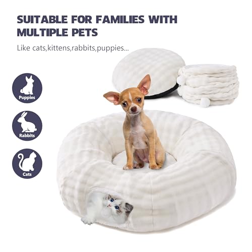 Bubble Cat Tunnel for Indoor Cats, Round Peekaboo Cave Toy with Dangling Balls, Donut Tunnel Bed with Circle Mat for Puppy Kitten Rabbit, Cream White - color: Cream White