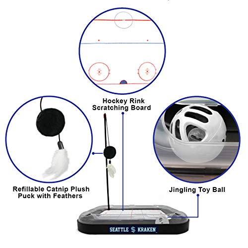 Cat Scratching Toy Hockey Field ICE HOCKEY RINK Cat Scratcher Toy with Interactive Cat Ball Bell in Tracks. 5-in-1 CAT TOY: Cat Wand Poll, CATNIP FILLED Plush Hockey Puck & Feathers - color: Seattle Kraken