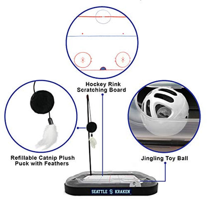 Cat Scratching Toy Hockey Field ICE HOCKEY RINK Cat Scratcher Toy with Interactive Cat Ball Bell in Tracks. 5-in-1 CAT TOY: Cat Wand Poll, CATNIP FILLED Plush Hockey Puck & Feathers - color: Seattle Kraken