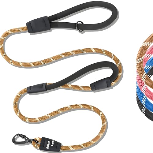6 Foot Dog Leash, Two Extra Padded Handles, Locking Carabiner Clip, Reflective for Night Visibility, Weatherproof, Heavy Duty Rope Leash, Roam Gear (Brown) - color: Brown