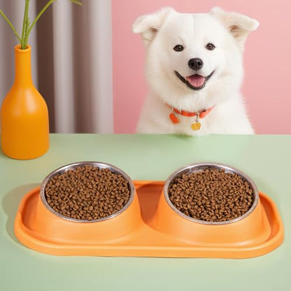 Cat and Dog Double Feeding Bowl Set with Non-Slip Silicone Base Mat, 15.9×8.7×3.1, Orange