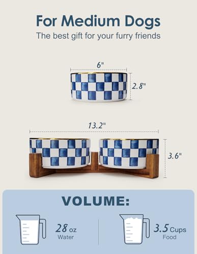 Ceramic Dog Bowls for Medium Dogs, 3.5 Cups Checkered Dog Food and Water Bowl with Acacia Wood Stand, Non-Slip Anti-Tip Elevated Feeding Station, Blue and White - color: Blue and White