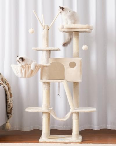 Hey-brother Cat Tree, 53 inch Cat Tower for Indoor Cats, Cat House with Padded Platform Bed, Toy Balls, Large Cozy Condo, Hammocks and Sisal Scratching Posts, Beige MPJ019-SM - color: Beige