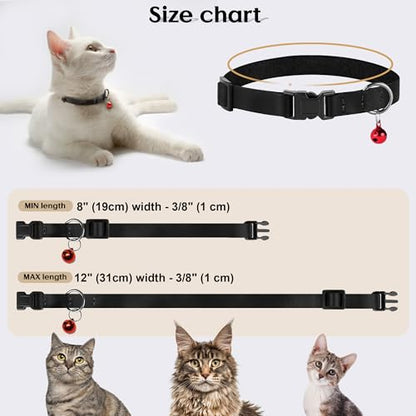 Breakaway Cat Collar with Bell - Leather Adjustable Kitten Collars with Safety Quick Release Buckle - Soft Small Pet Collars for Girl & Boy Cats - color: Black