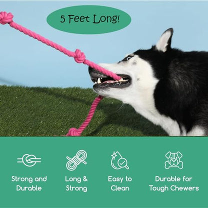 Tumbo Tough Tug Rope Dog Toy - (Pink 5 ft Long Strong and Durable Rope Pull Toy with Handle) TUG of WAR Dog Toy - color: Pink