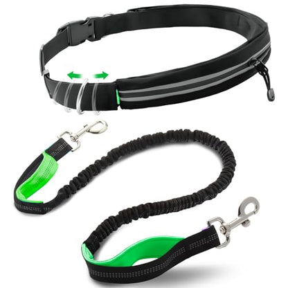 Waist Leash for Medium Large Dog Walking, Bungee Hands Free Leash with Zipper Pouch, Around The Waist No Pull Running Dog Belt, Padded Handle Jogging No Hands Heavy Duty - color: Green