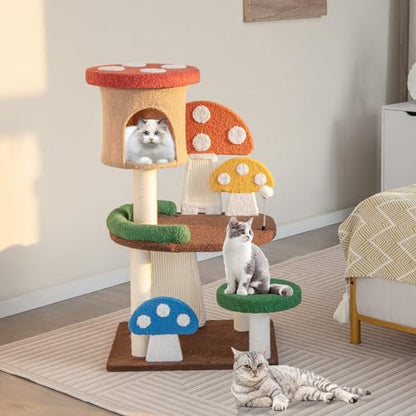 Tangkula Mushroom Cat Tree, Cute Cat Tower with Full-Wrapped Sisal Post, Scratching Board & Spring Ball, Cat Condo, Flower Cat Tree Tower for Indoor Cats Large Adult (40.5 Inch) - size: 40.5 Inch