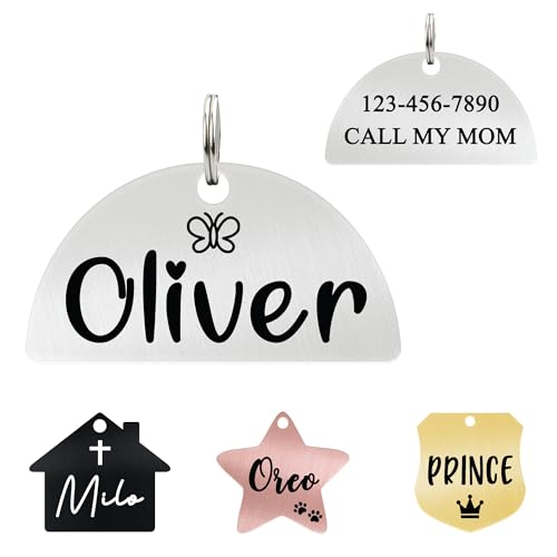 Ultra Joys Personalized Cat Collar Name Tag Small Pet ID Tags for Cats - Customized Mini Cute Dog Cat ID Tag - Bothside Engravable Lightweight Durable Stainless Steel - Semi Circle Tag in Silver - color: Semi Circle-silver